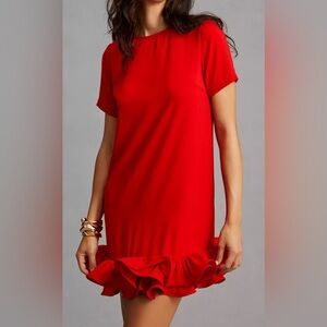 Anthropologie Vineet Bahl Vibrant Red Ruffled Hem Short Sleeve Mini Dress  XXS